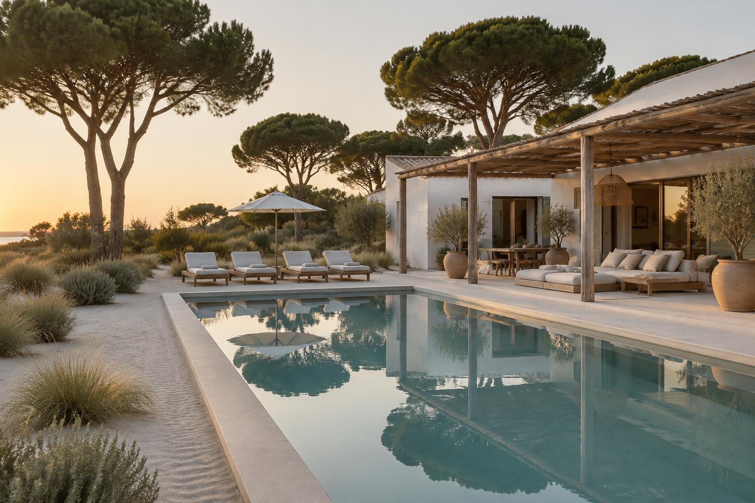 A pristine Comporta villa and pool at golden hour