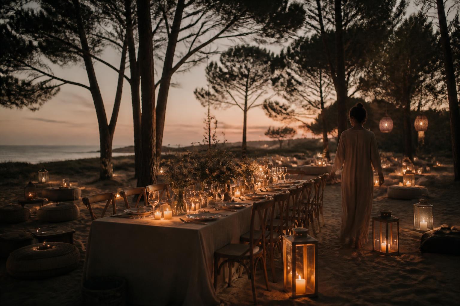 A candlelit dinner under the pines in Comporta at dusk